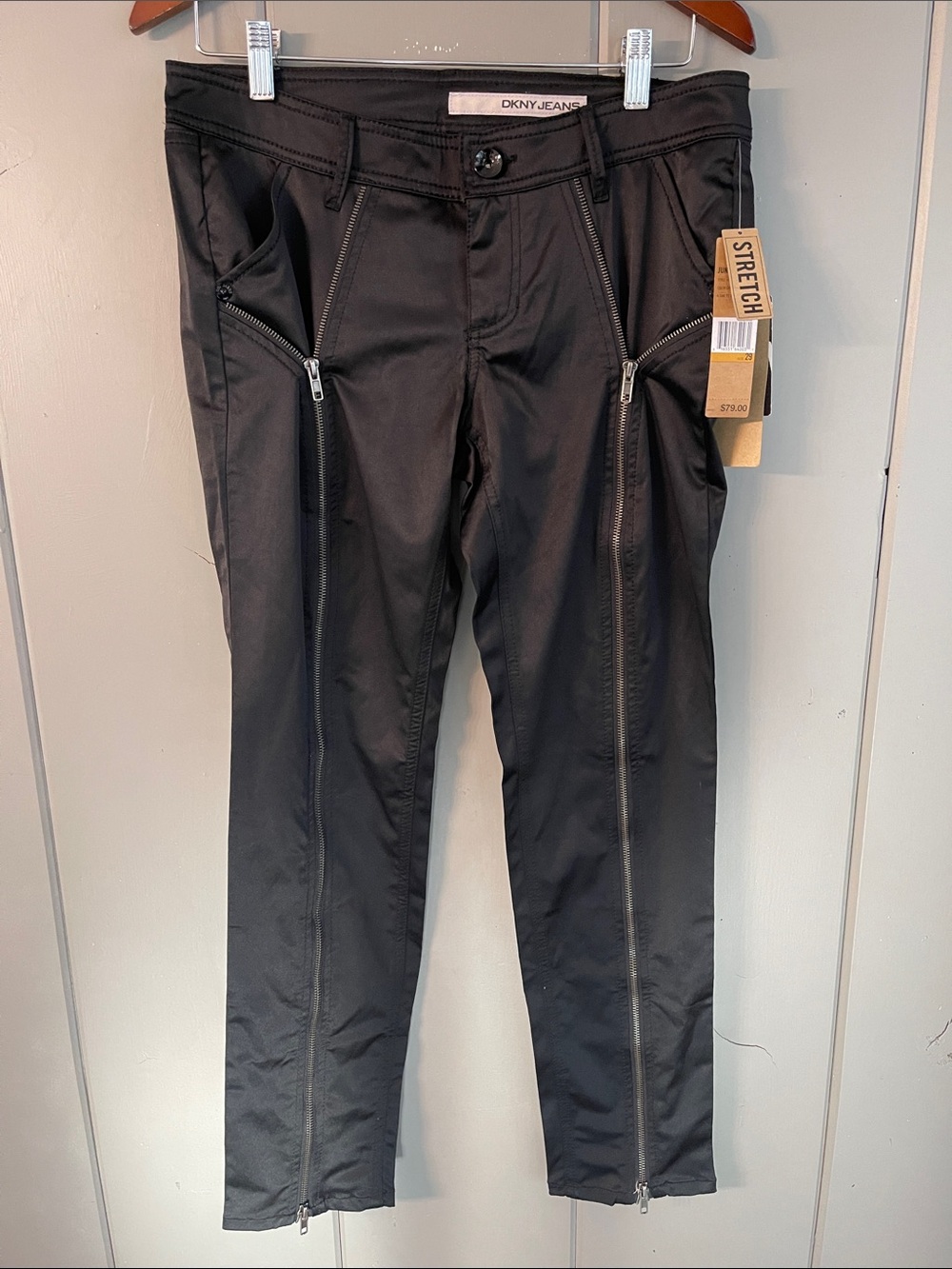 NWT DKNY Black Satin Jean Skinny Club Corporate Biker Rock Festival Punk Street
